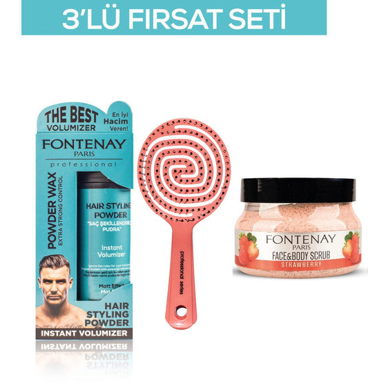 Fontenay Pudra Toz Wax Mavi 20gr + 3 Boyutlu Saç Fırçası + Face And Body Scrub Çilekli 350ml 3'LüSet