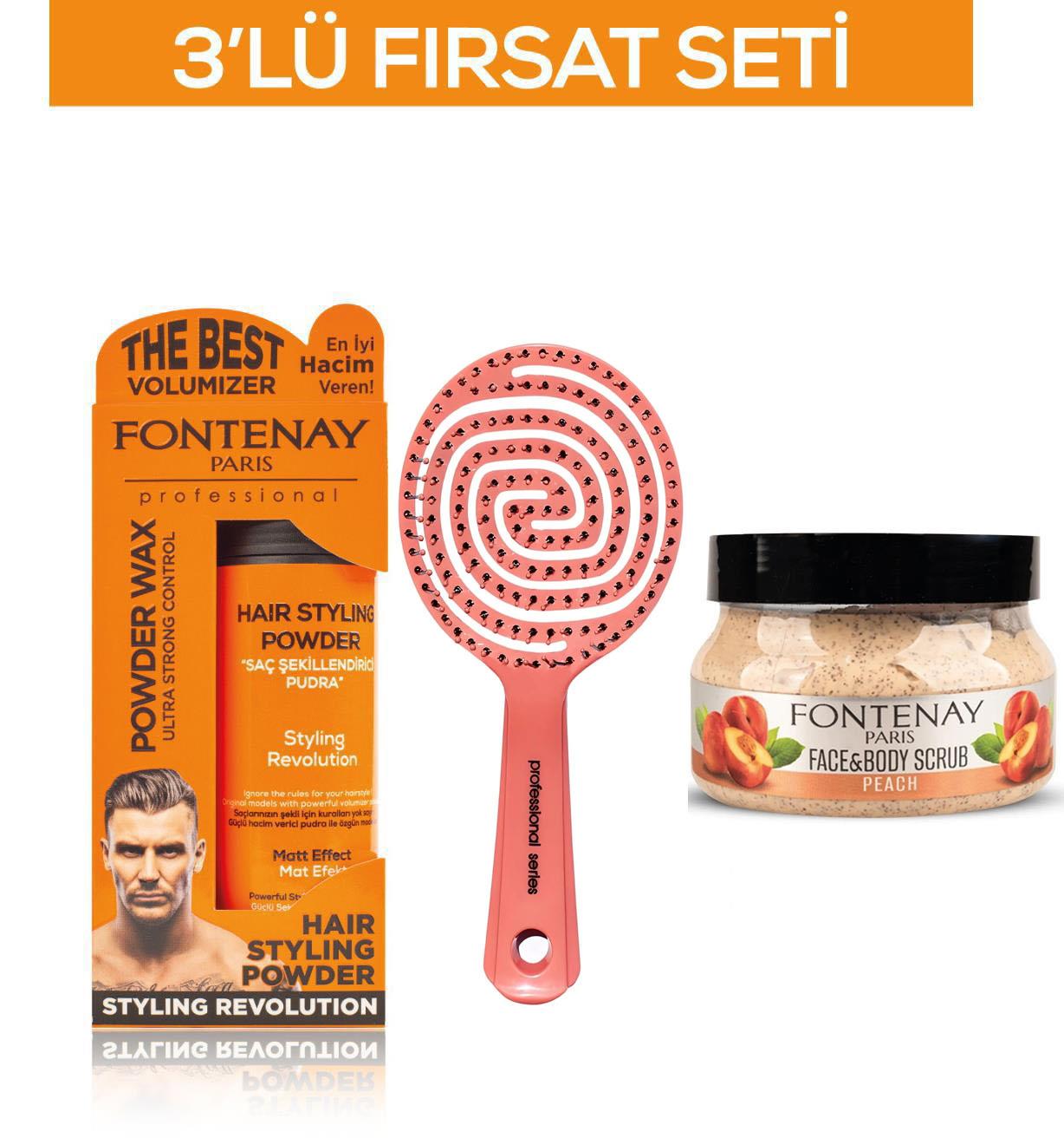 Fontenay Pudra Toz Wax Turuncu 20gr + 3 Boyutlu Saç Fırçası+ FaceAndBody Scrub Şeftali 350ml 3'LüSet