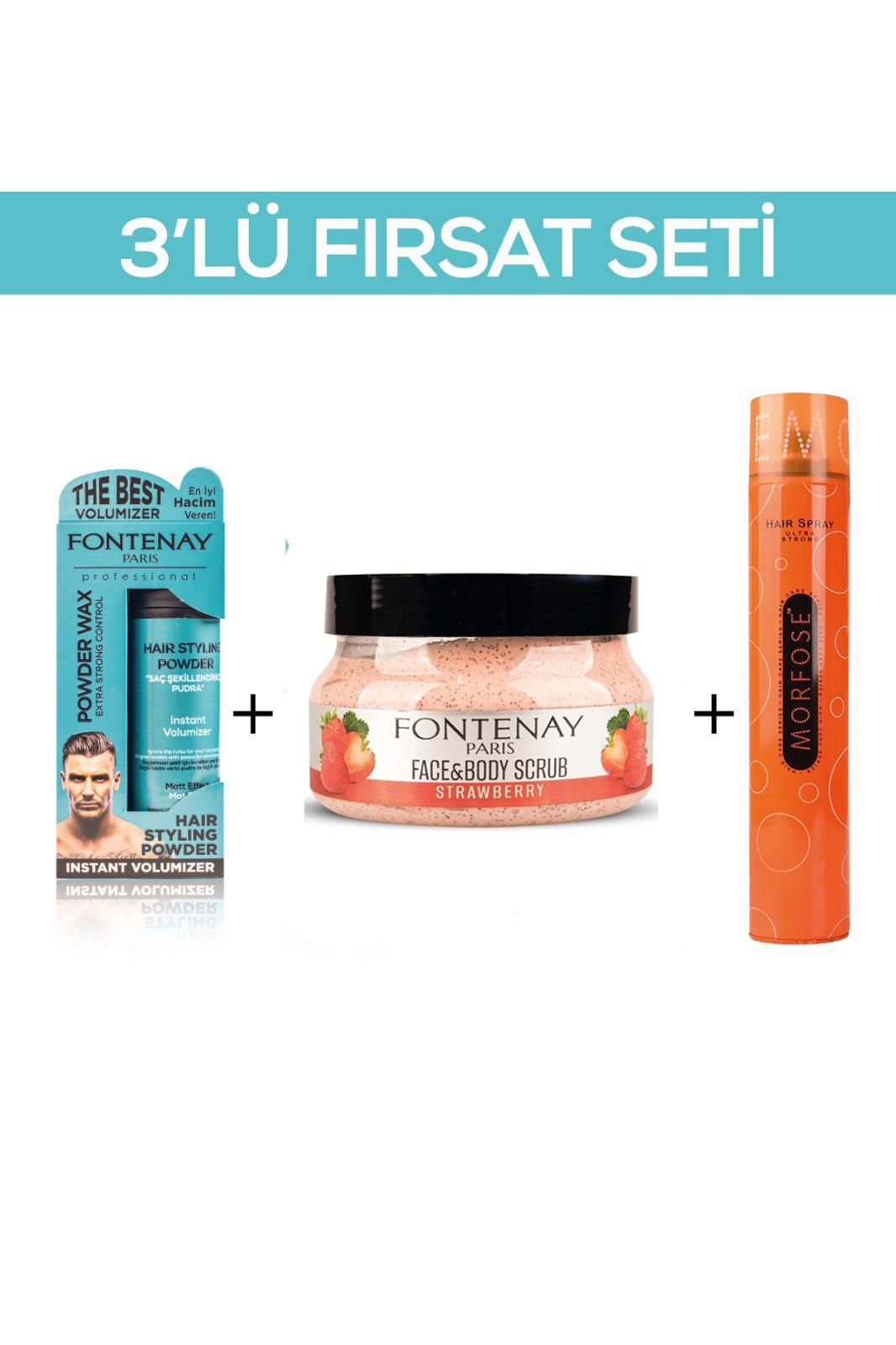 Fontenay Pudra Toz Wax Mavi 20gr + Face And Body Scrub Çilekli 350ml +Saç Spreyi 400ml 3'Lü Set