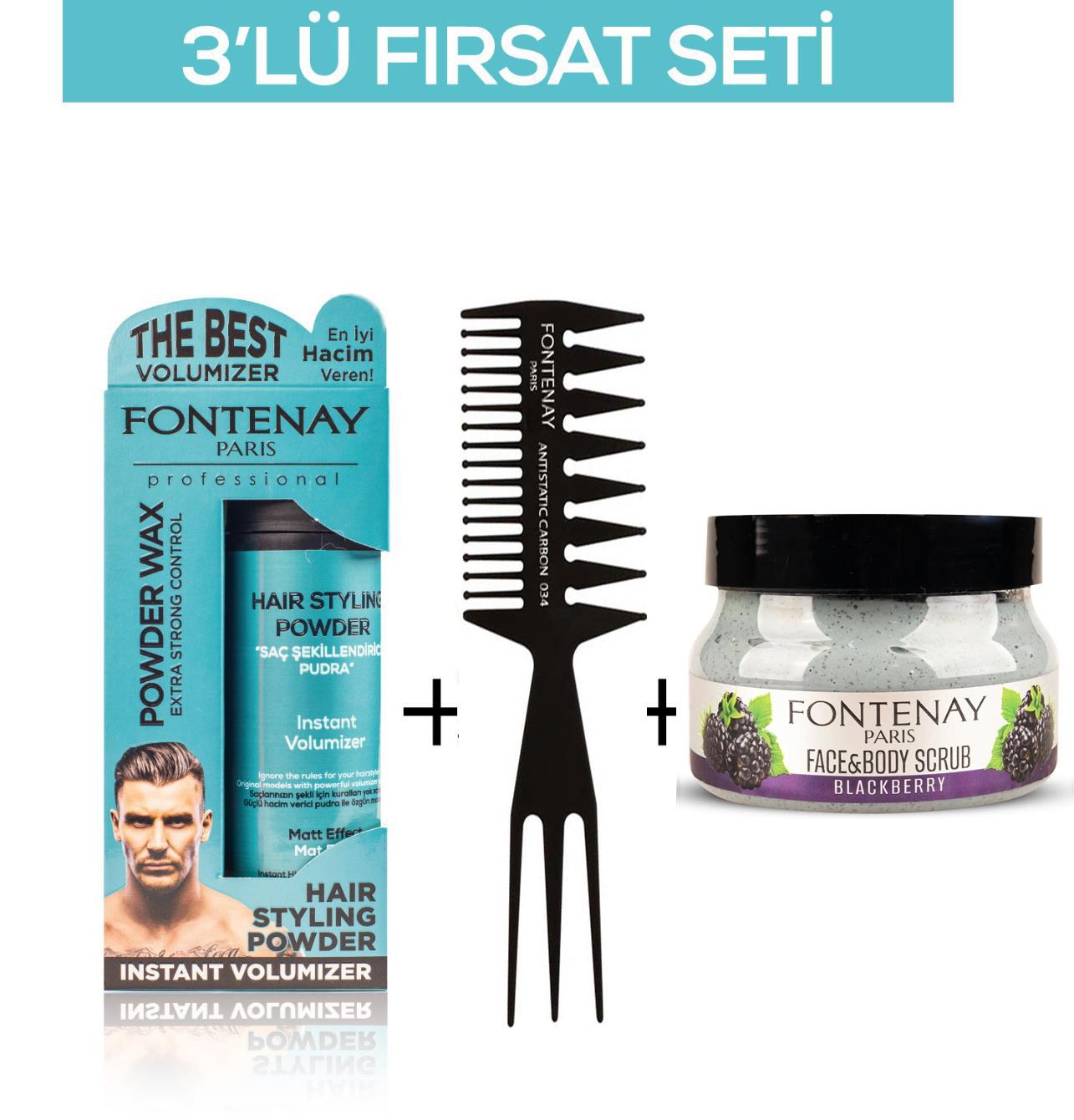 Fontenay Pudra Toz Wax Mavi 20gr + Şekil Tarağı 034 + Face And Body Scrub Böğürtlen 350ml 3'Lü Set