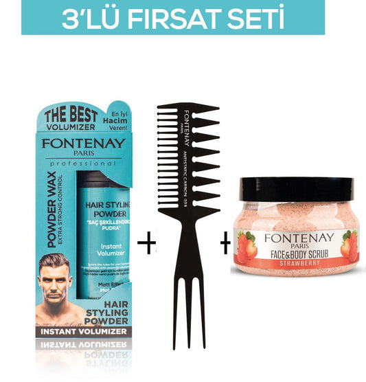 Fontenay Pudra Toz Wax Mavi 20gr + Şekil Tarağı 034 + Face And Body Scrub Çilekli 350ml 3'Lü Set