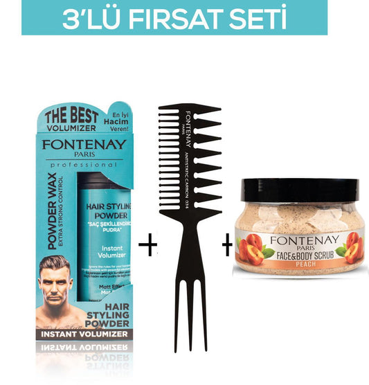 Fontenay Pudra Toz Wax Mavi 20gr + Şekil Tarağı 034 + Face And Body Scrub Şeftali 350ml 3'Lü Set