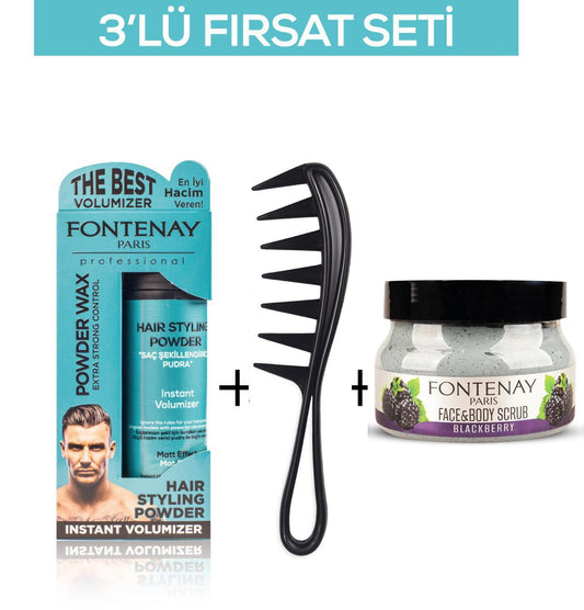 Fontenay Pudra Toz Wax Mavi 20gr + Şekil Tarağı 043 + Face And Body Scrub Böğürtlen 350ml 3'Lü Set