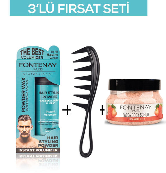 Fontenay Pudra Toz Wax Mavi 20gr + Şekil Tarağı 043 + Face And Body Scrub Çilekli 350ml 3'Lü Set