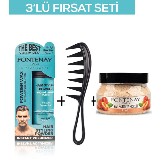 Fontenay Pudra Toz Wax Mavi 20gr + Şekil Tarağı 043 + Face And Body Scrub Şeftali 350ml 3'Lü Set