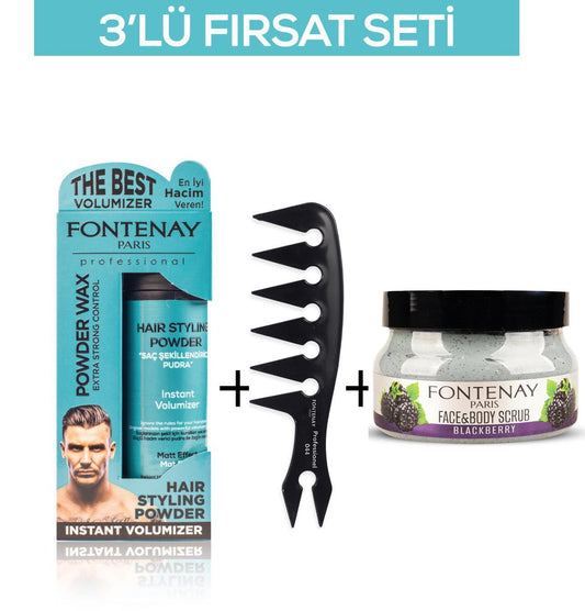 Fontenay Pudra Toz Wax Mavi 20gr + Şekil Tarağı 044 + Face And Body Scrub Böğürtlen 350ml 3'Lü Set