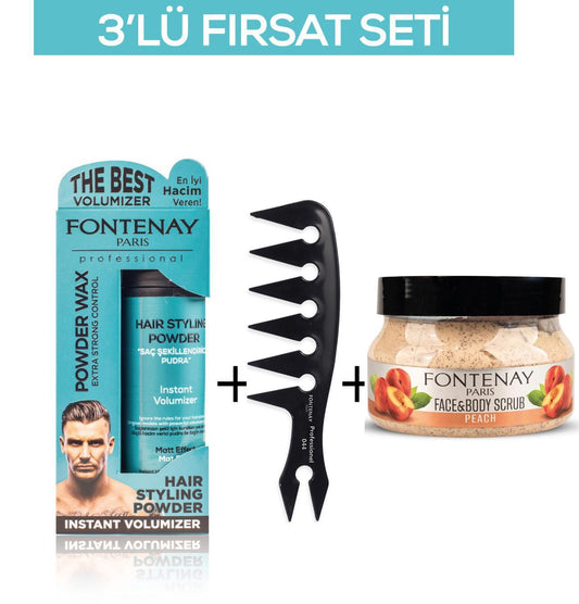 Fontenay Pudra Toz Wax Mavi 20gr + Şekil Tarağı 044 + Face And Body Scrub Şeftali 350ml 3'Lü Set