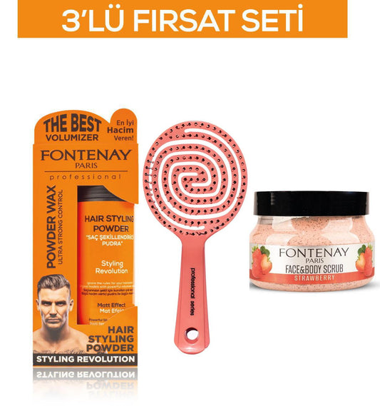 Fontenay Pudra Toz Wax Turuncu 20gr+ 3 Boyutlu Saç Fırçası+FaceAndBody Scrub Çilekli 350ml 3'LüSet