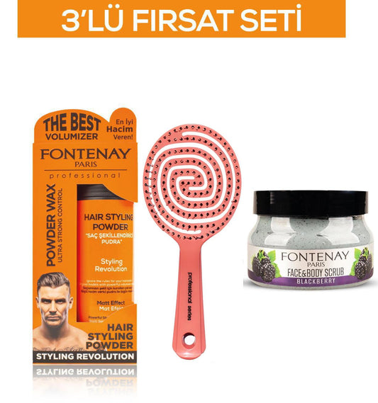 Fontenay Pudra Toz Wax Turuncu 20gr+ 3 Boyutlu Saç Fırçası+FaceAndBody Scrub Böğürtlen 350ml 3'LüSet