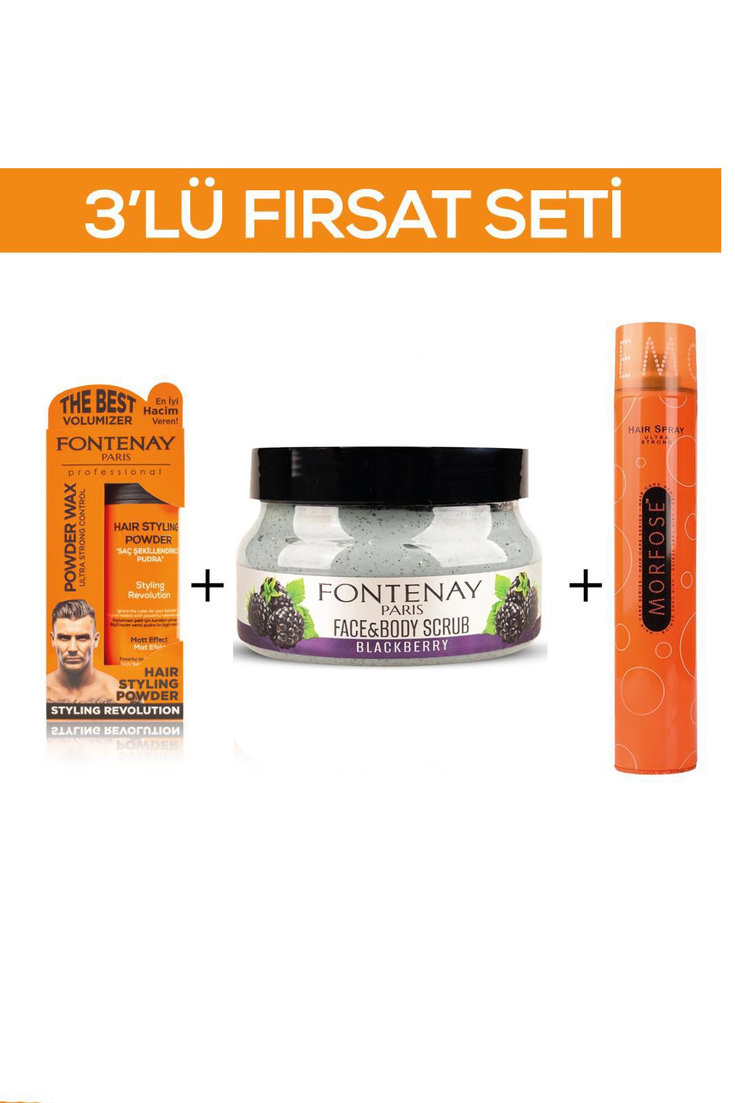 Fontenay Pudra Toz Wax Turuncu 20gr + Face And Body Scrub Böğürtlen 350ml +Saç Spreyi 400ml 3'Lü Set