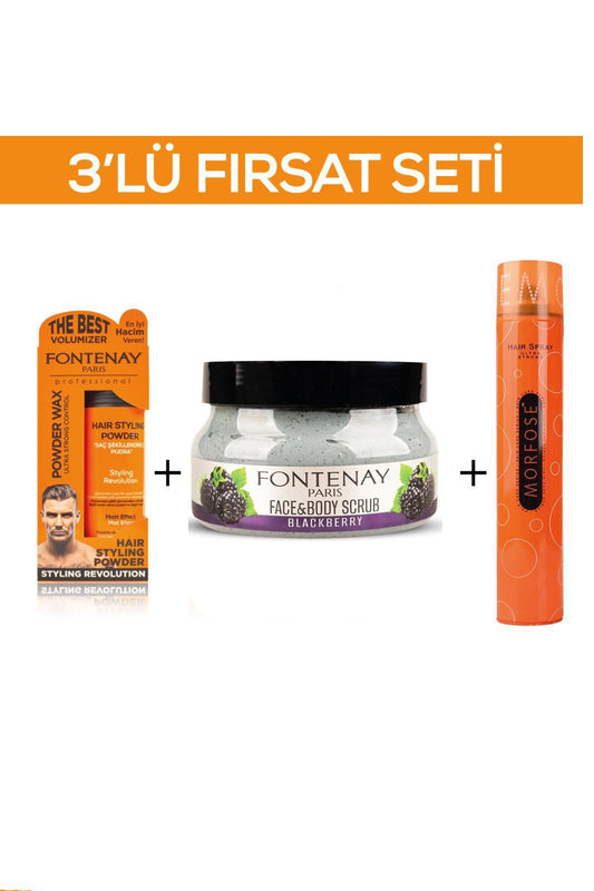 Fontenay Pudra Toz Wax Turuncu 20gr + Face And Body Scrub Böğürtlen 350ml +Saç Spreyi 400ml 3'Lü Set