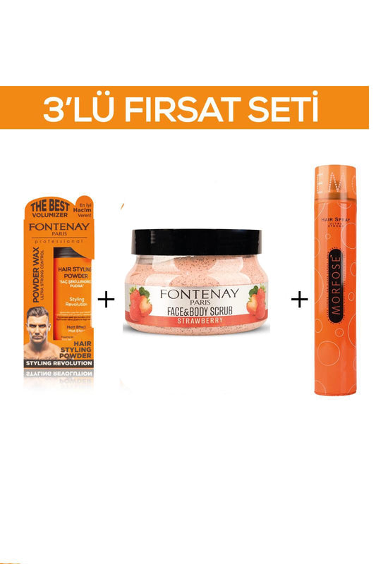 Fontenay Pudra Toz Wax Turuncu 20gr + Face And Body Scrub Çilekli 350ml + Saç Spreyi 400ml 3'Lü Set