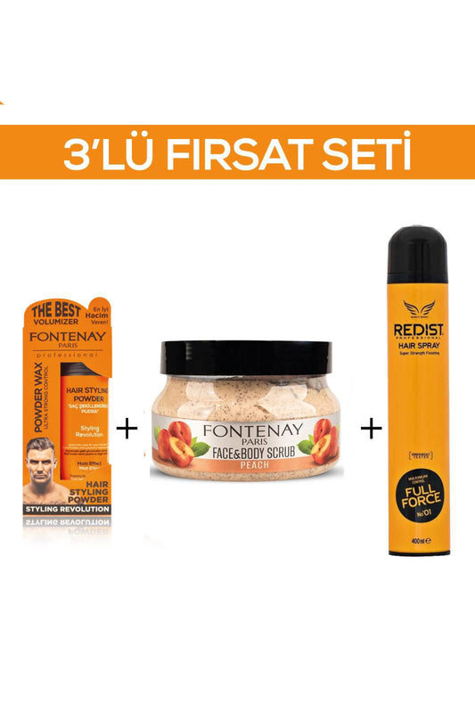 Fontenay Pudra Toz Wax Turuncu 20gr + Face And Body Scrub Şeftali 350ml +Saç Spreyi 2 400ml 3'Lü Set