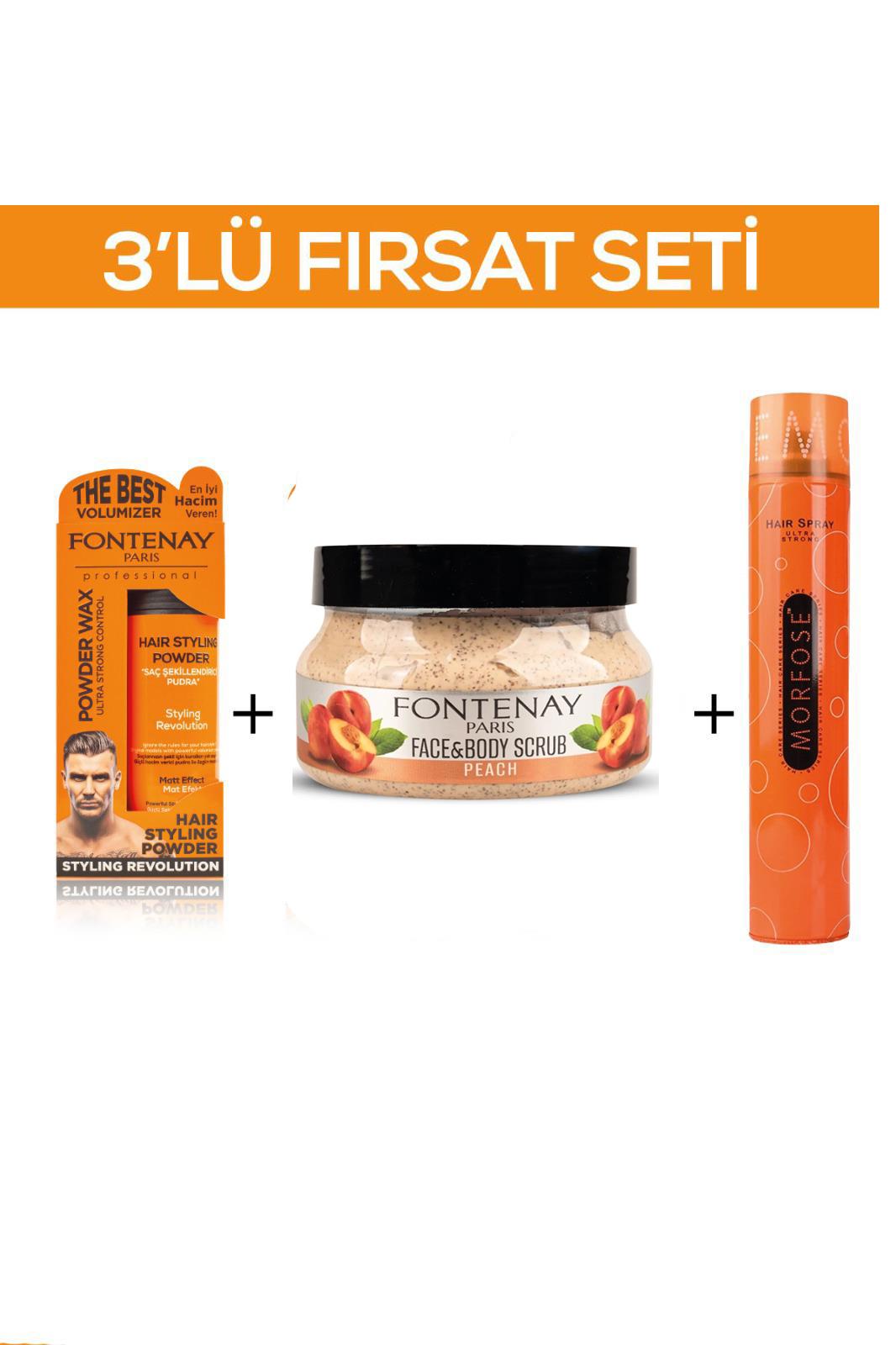 Fontenay Pudra Toz Wax Turuncu 20gr + Face And Body Scrub Şeftali 350ml + Saç Spreyi 400ml 3'Lü Set