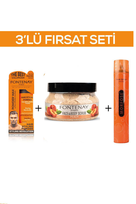 Fontenay Pudra Toz Wax Turuncu 20gr + Face And Body Scrub Şeftali 350ml + Saç Spreyi 400ml 3'Lü Set