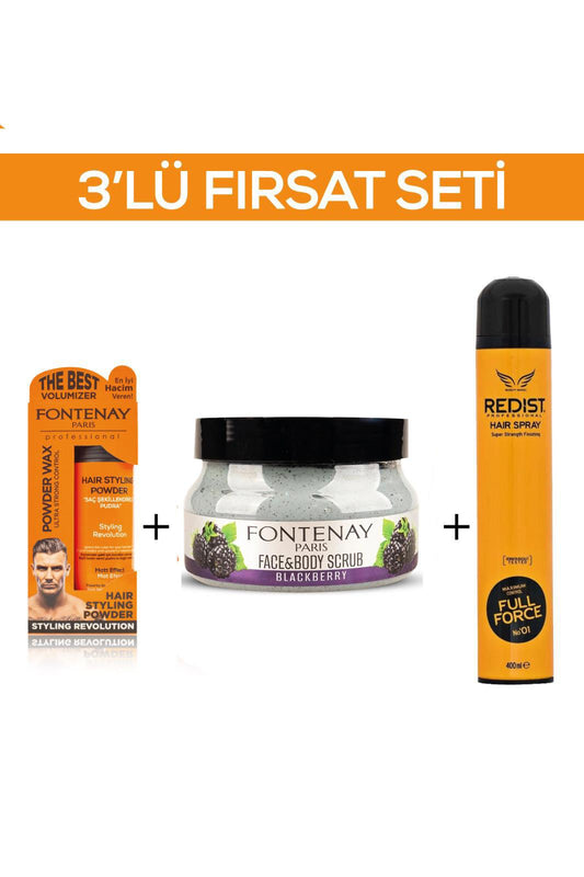 Fontenay Pudra Toz Wax Turuncu 20gr + FaceAndBody Scrub Böğürtlen 350ml+Saç Spreyi 2 400ml 3'Lü Set