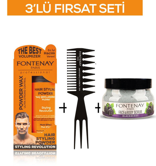 Fontenay Pudra Toz Wax Turuncu 20gr +Şekil Tarağı 034+ Face And Body Scrub Böğürtlen 350ml 3'Lü Set