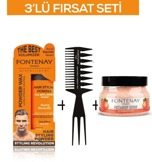 Fontenay Pudra Toz Wax Turuncu 20gr +Şekil Tarağı 034+ Face And Body Scrub Çilekli 350ml 3'Lü Set