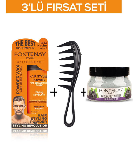 Fontenay Pudra Toz Wax Turuncu 20gr +Şekil Tarağı 043+ Face And Body Scrub Böğürtlen 350ml 3'Lü Set