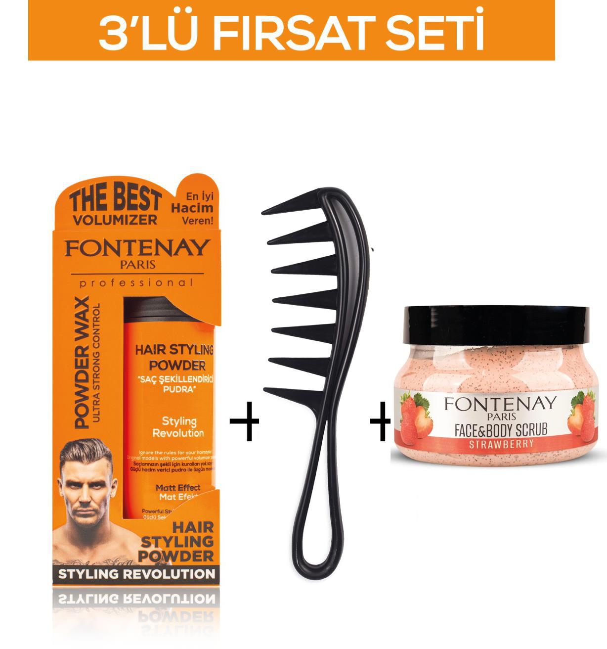 Fontenay Pudra Toz Wax Turuncu 20gr +Şekil Tarağı 043+ Face And Body Scrub Çilekli 350ml 3'Lü Set