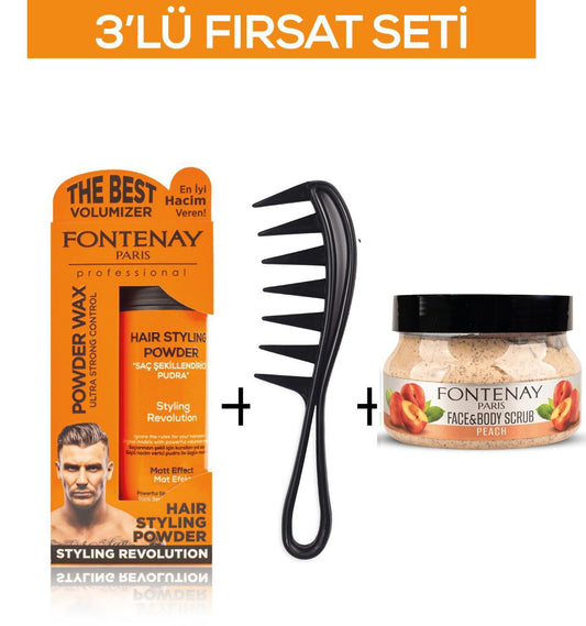 Fontenay Pudra Toz Wax Turuncu 20gr +Şekil Tarağı 043+ Face And Body Scrub Şeftali 350ml 3'Lü Set