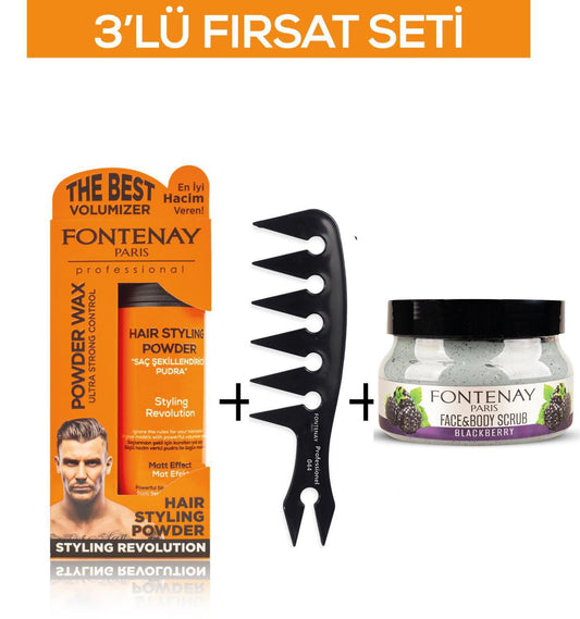 Fontenay Pudra Toz Wax Turuncu 20gr +Şekil Tarağı 044+ Face And Body Scrub Böğürtlen 350ml 3'Lü Set