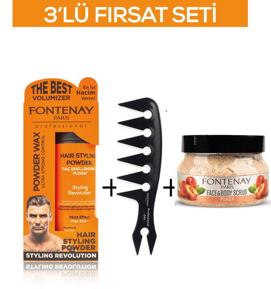 Fontenay Pudra Toz Wax Turuncu 20gr +Şekil Tarağı 044+ Face And Body Scrub Şeftali 350ml 3'Lü Set