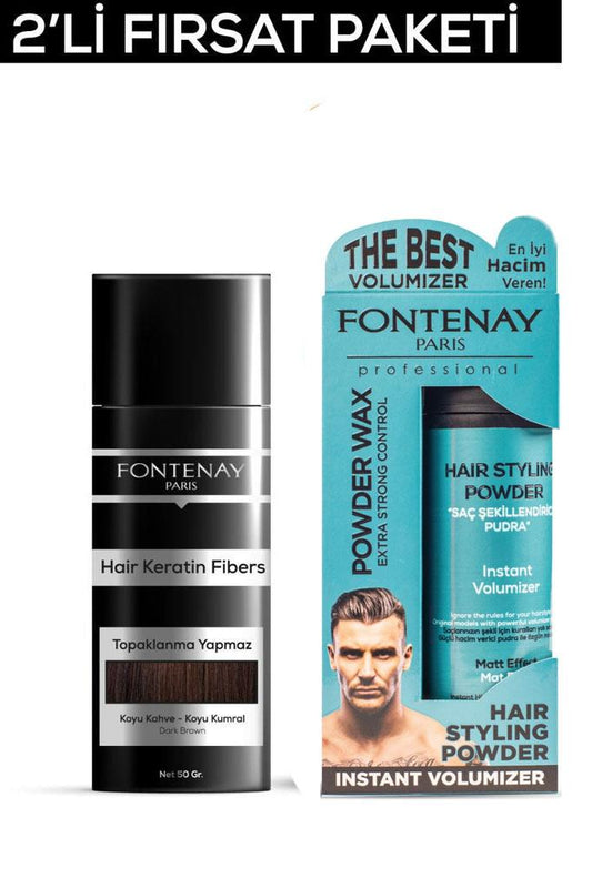 Fontenay Saç Dolgunlaştırıcı KeratinFibers Koyu Kahve Topik Saç Tozu 50gr+Matt Effect Toz Wax 2'Li Set