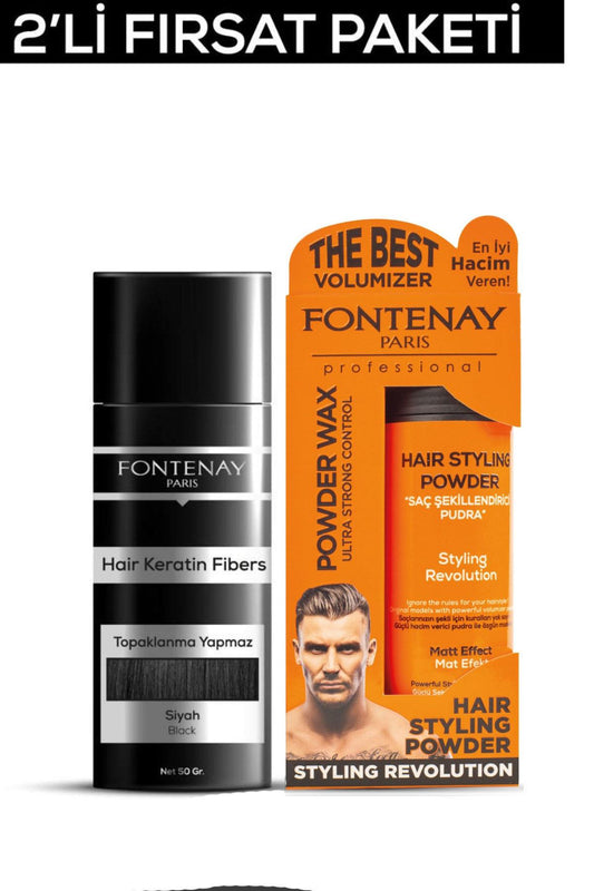 Fontenay Saç Dolgunlaştırıcı KeratinFibers Siyah Topik Saç Tozu 50gr+Ultra Strong Toz Wax 2'Li Set